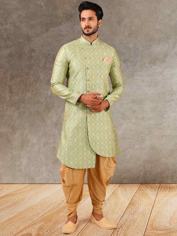 Pista Green Jacquard Silk Brocade Cutwork Party Wedding Kurta