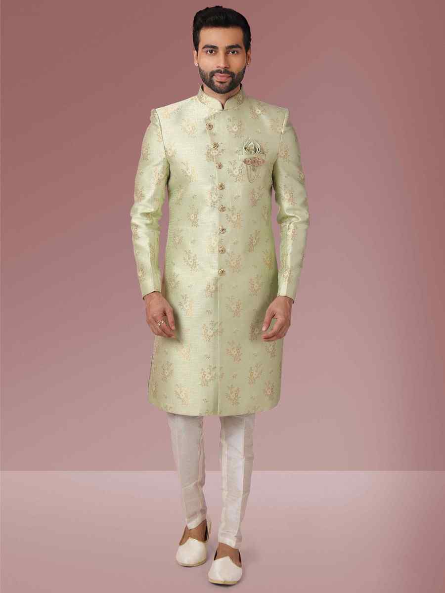 Pista Green Jacquard Silk Brocade Embroidered Party Aligadhi Pant Kurta