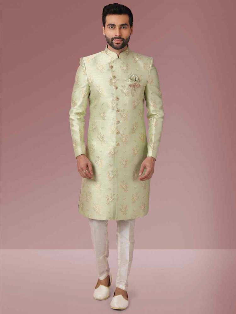 Pista Green Jacquard Silk Brocade Embroidered Party Aligadhi Pant Kurta