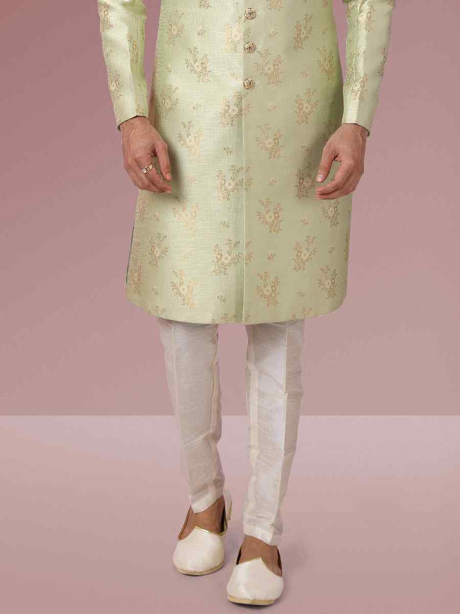 Pista Green Jacquard Silk Brocade Embroidered Party Aligadhi Pant Kurta