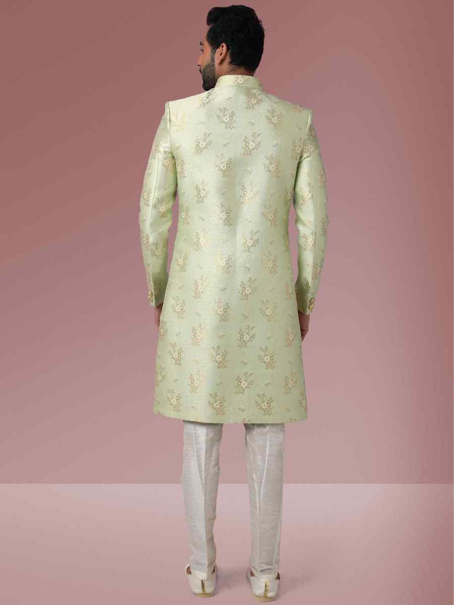 Pista Green Jacquard Silk Brocade Embroidered Party Aligadhi Pant Kurta