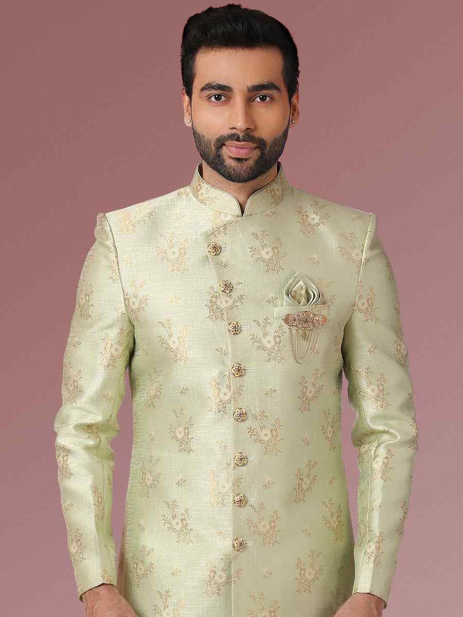 Pista Green Jacquard Silk Brocade Embroidered Party Aligadhi Pant Kurta