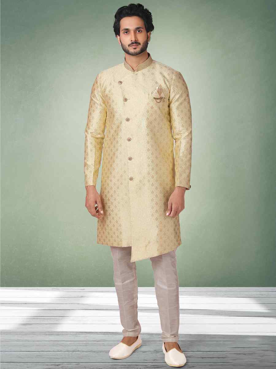 Pista Green Jacquard Silk Brocade Woven Party Aligadhi Pant Sherwani
