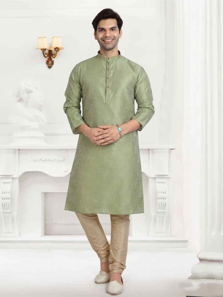 Pista Green Jacquard Silk Brocade Woven Plain Wedding Party Kurta