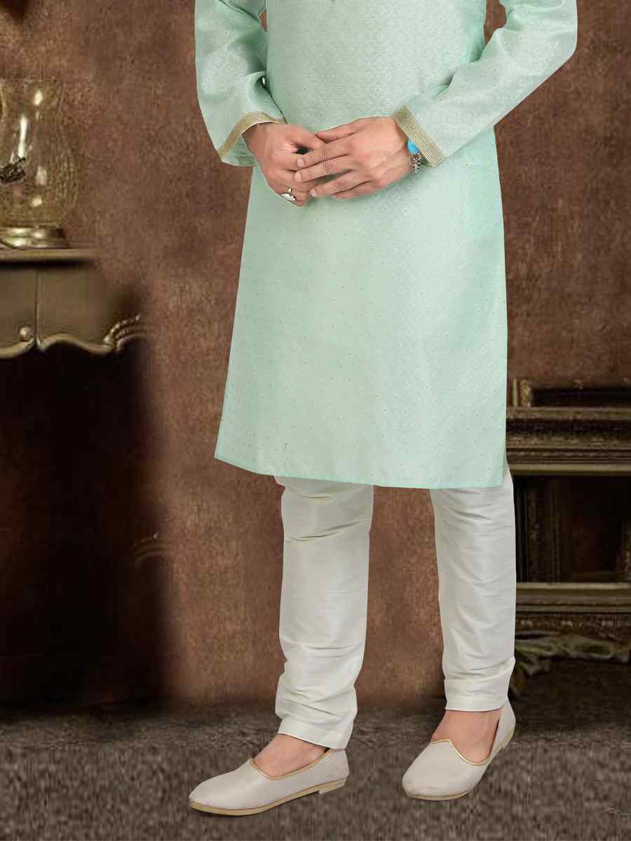 Pista Green Jacquard Silk Brocade Woven Plain Wedding Party Kurta