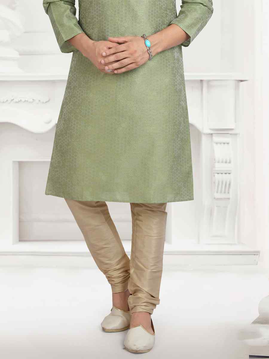 Pista Green Jacquard Silk Brocade Woven Plain Wedding Party Kurta