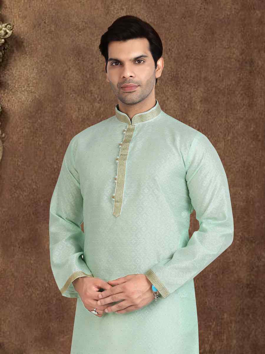 Pista Green Jacquard Silk Brocade Woven Plain Wedding Party Kurta