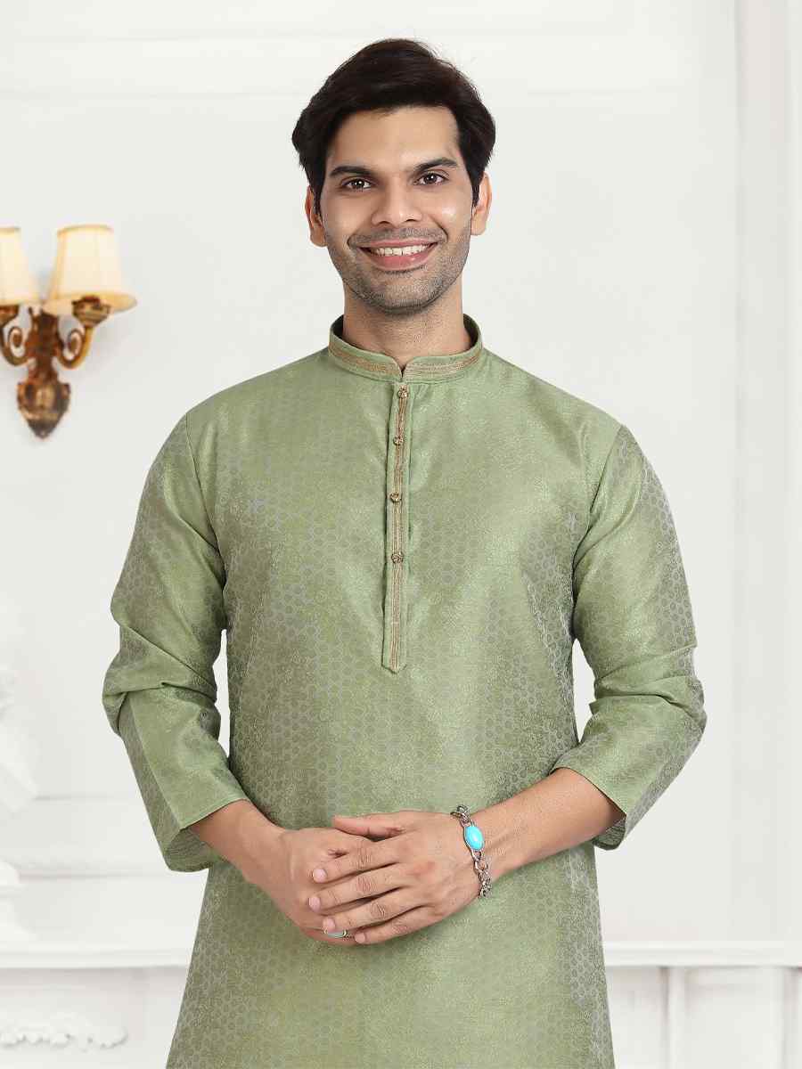 Pista Green Jacquard Silk Brocade Woven Plain Wedding Party Kurta