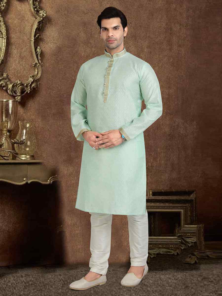 Pista Green Jacquard Silk Brocade Woven Plain Wedding Party Kurta