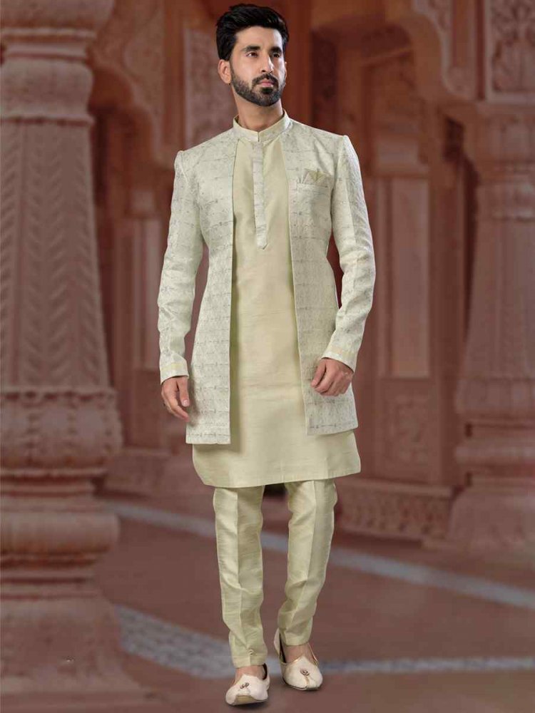 Pista Green Jacquard Silk Dupion Embroidered Groom Wedding Sherwani