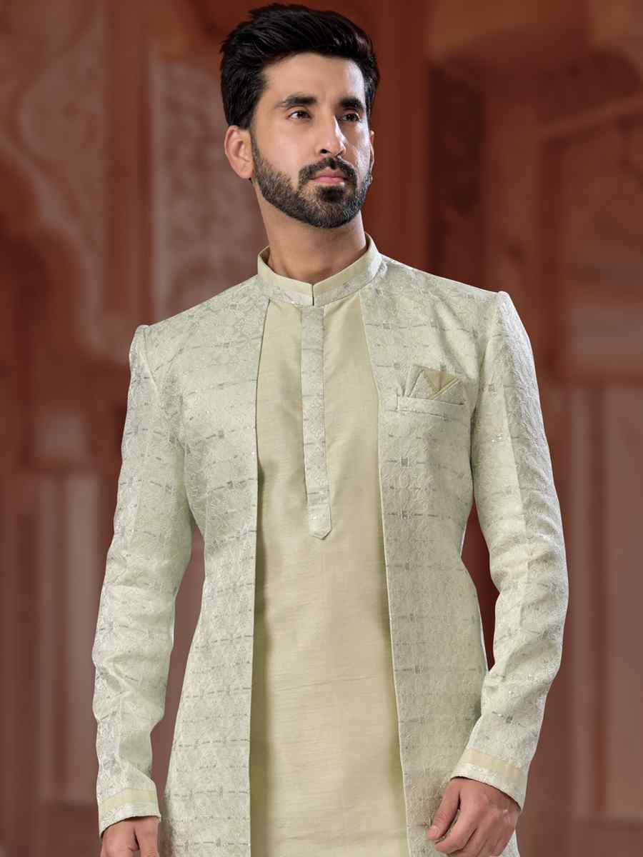 Pista Green Jacquard Silk Dupion Embroidered Groom Wedding Sherwani