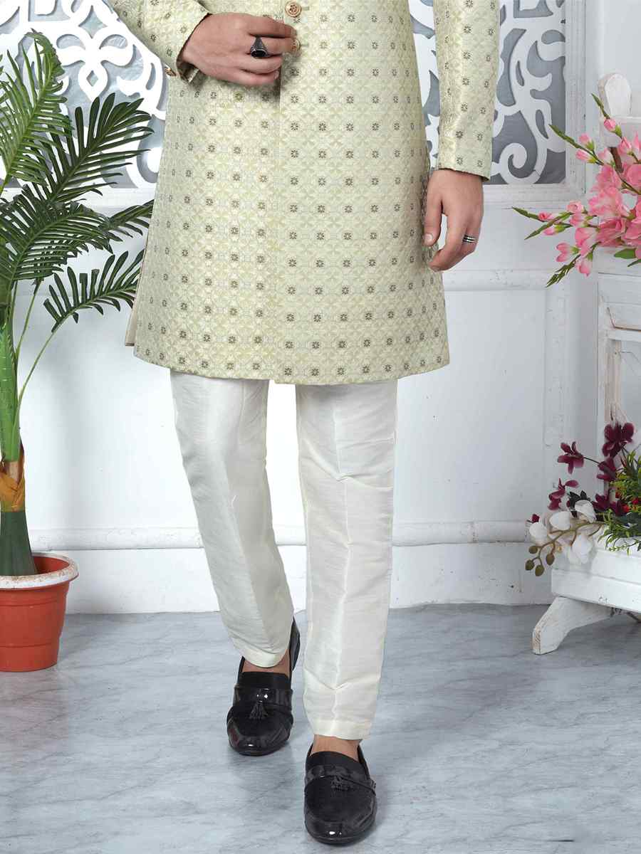Pista Green Jacquard Silk Embroidered Groom Wedding Sherwani