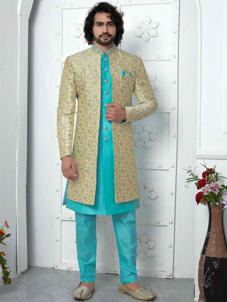 Pista Green Jacquard Silk Embroidered Groom Wedding Sherwani