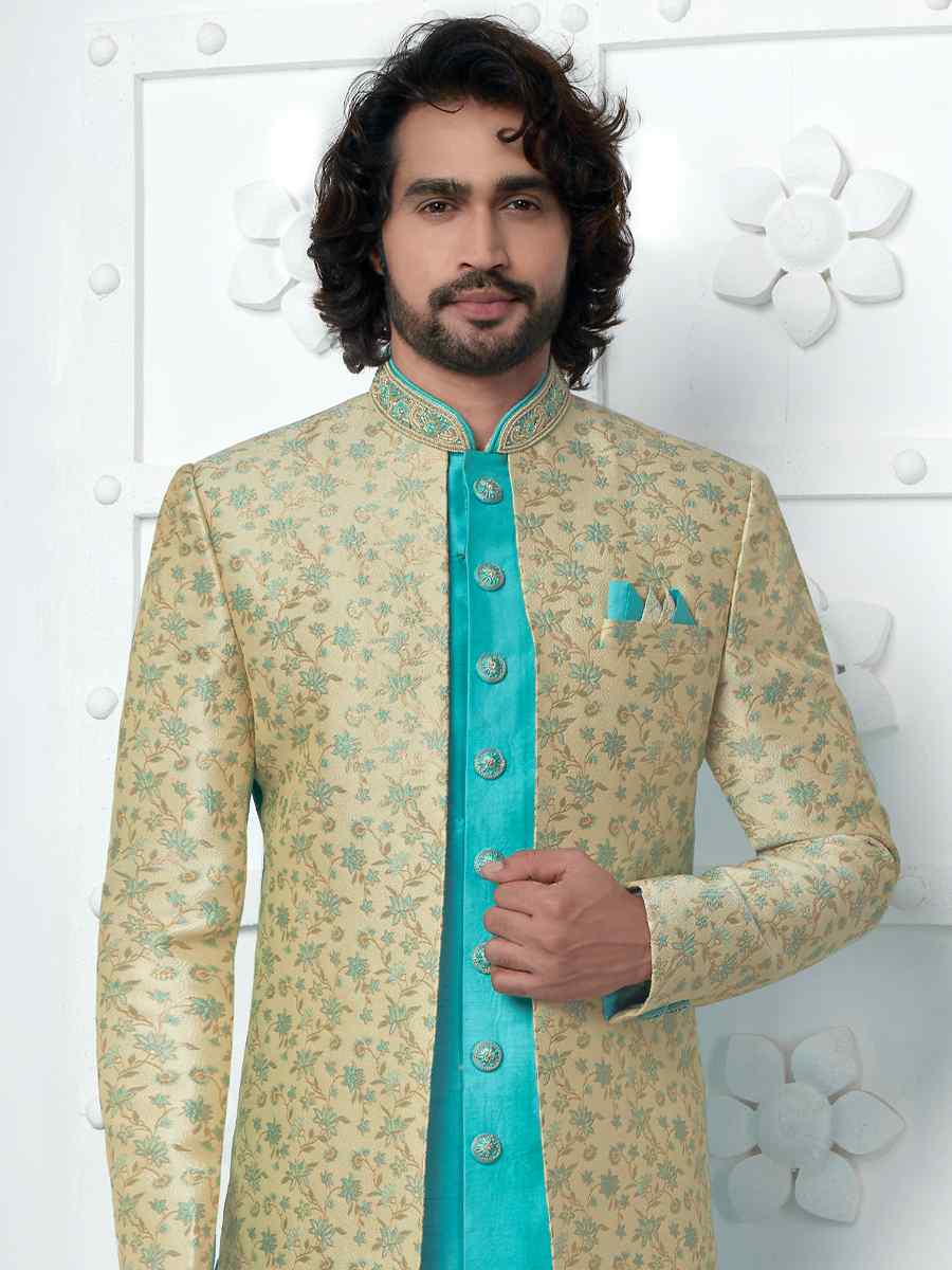 Pista Green Jacquard Silk Embroidered Groom Wedding Sherwani