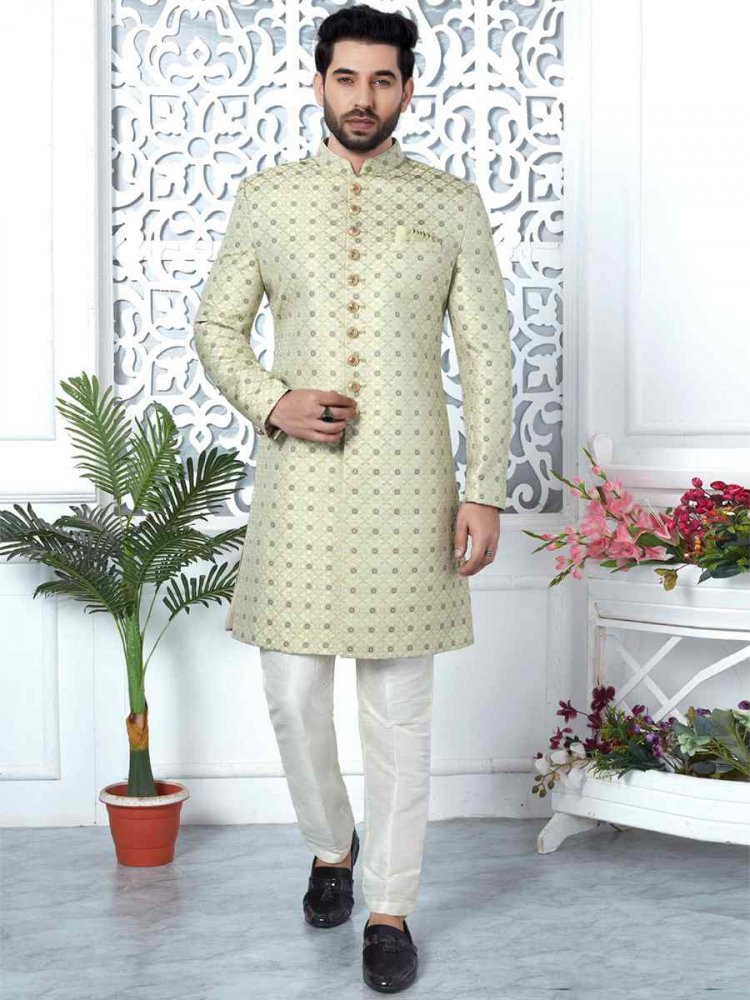Pista Green Jacquard Silk Embroidered Groom Wedding Sherwani