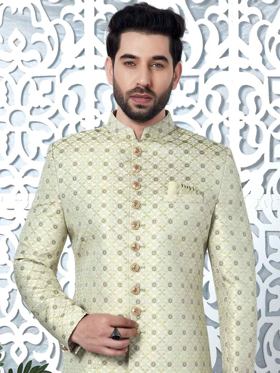 Pista Green Jacquard Silk Embroidered Groom Wedding Sherwani