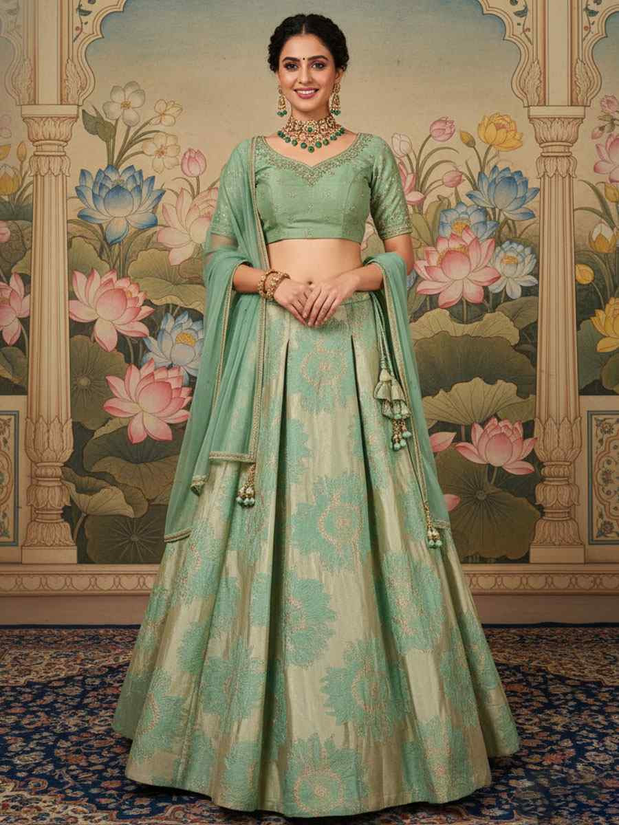 Pista Green Jacquard Silk Embroidered Wedding Reception Festival Heavy Border Lehenga Choli