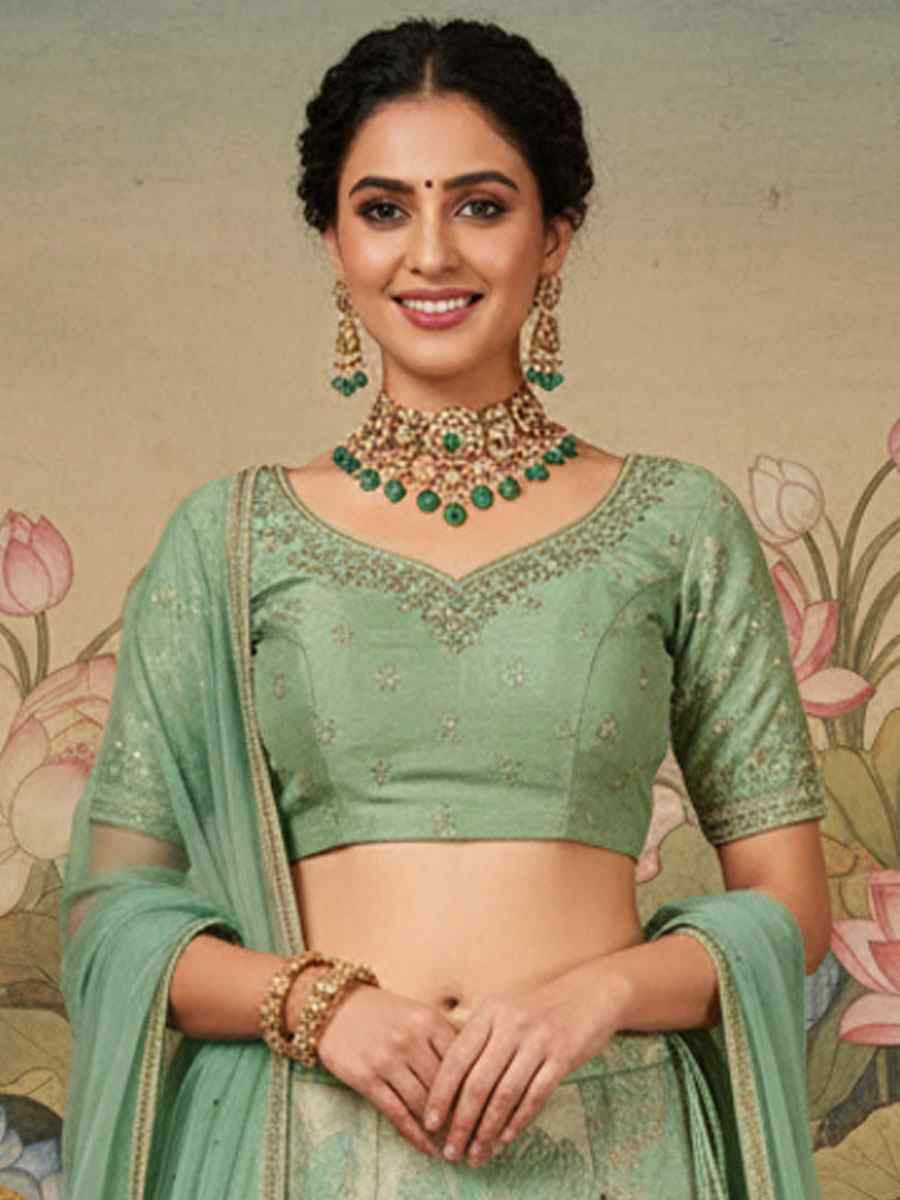 Pista Green Jacquard Silk Embroidered Wedding Reception Festival Heavy Border Lehenga Choli