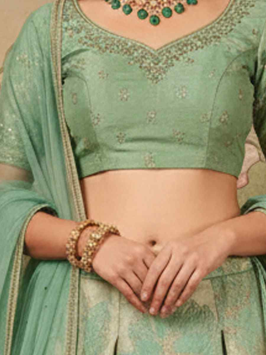 Pista Green Jacquard Silk Embroidered Wedding Reception Festival Heavy Border Lehenga Choli