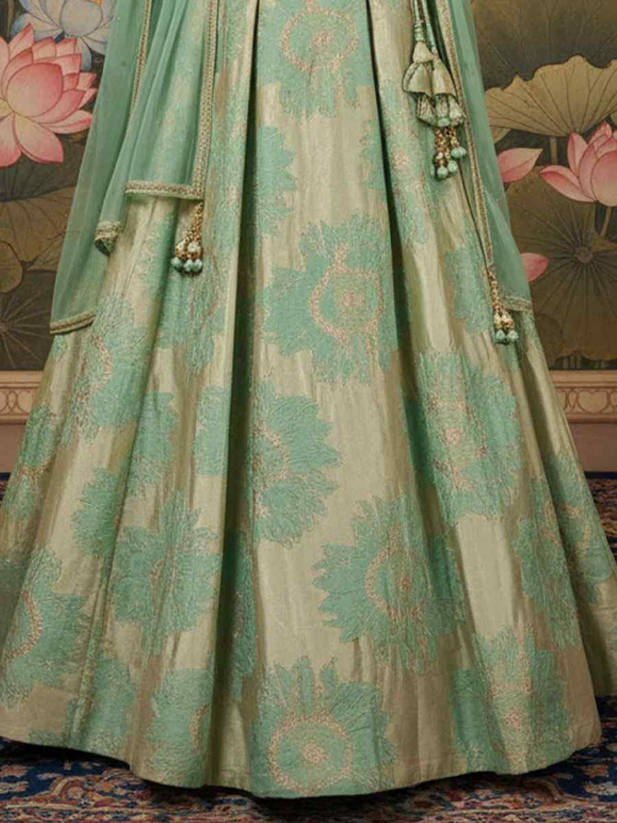 Pista Green Jacquard Silk Embroidered Wedding Reception Festival Heavy Border Lehenga Choli