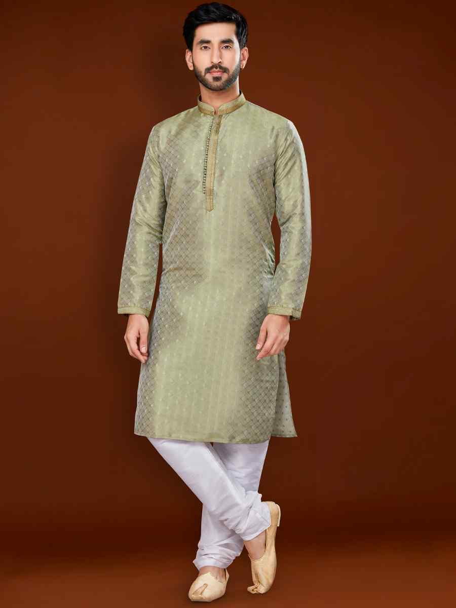 Pista Green Jacquard Woven Wedding Festival Kurta