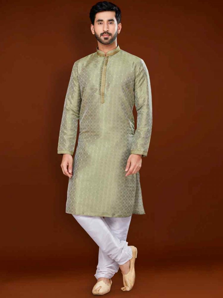 Pista Green Jacquard Woven Wedding Festival Kurta