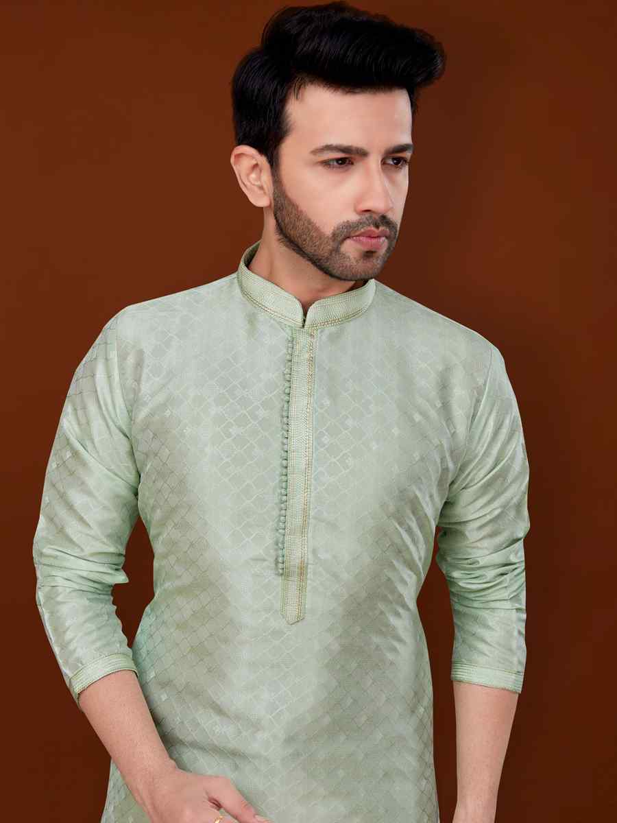 Pista Green Jacquard Woven Wedding Festival Kurta