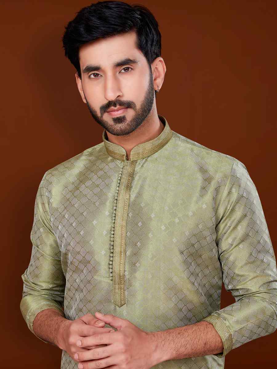 Pista Green Jacquard Woven Wedding Festival Kurta