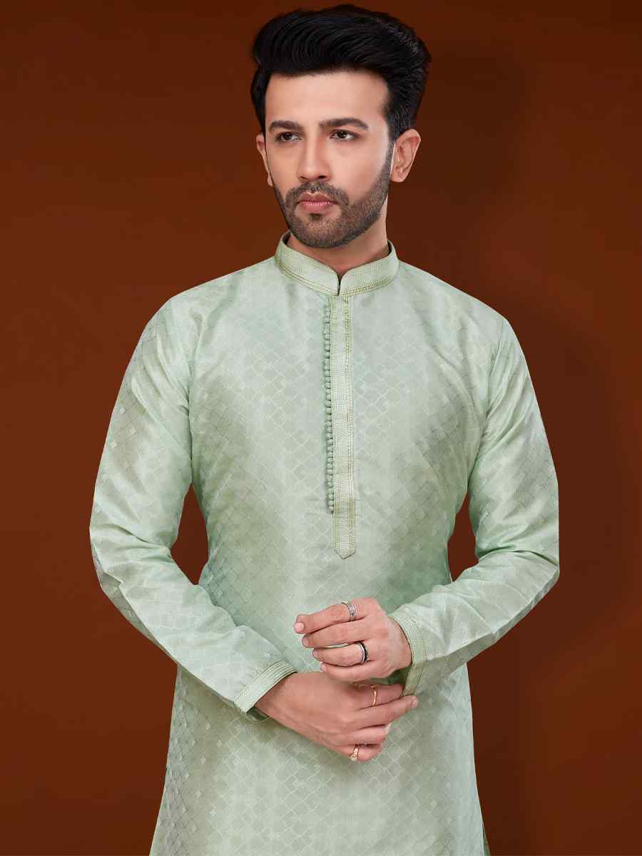 Pista Green Jacquard Woven Wedding Festival Kurta