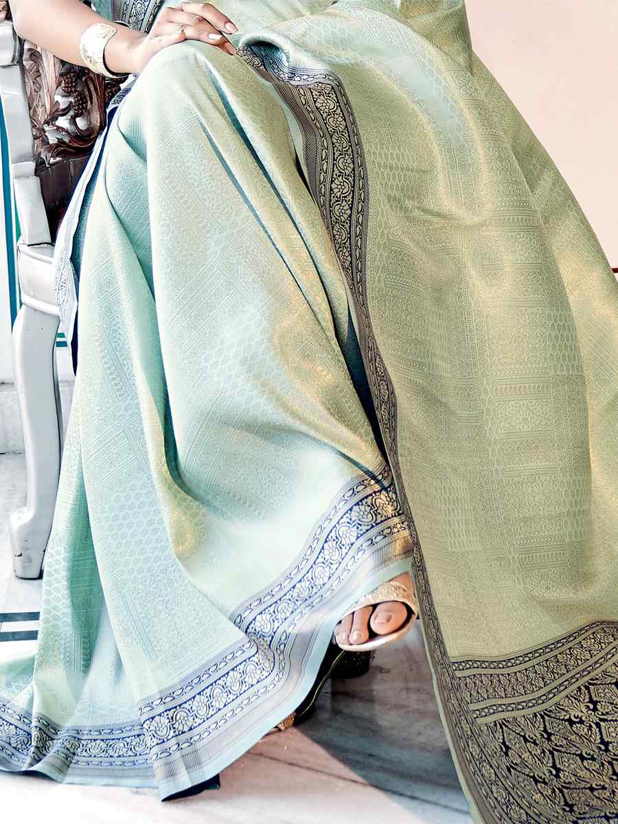 Pista Green Kanjivaram Silk Handwoven Casual Festival Heavy Border Saree