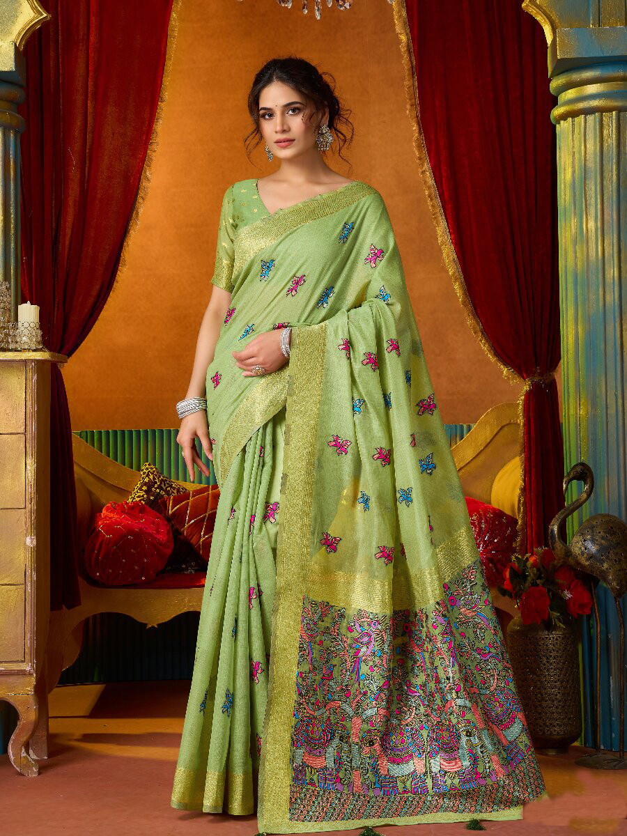 Pista green Khadi Cotton Katha Work Modal Wedding Reception Party Festival Casual Heavy Border Sarees