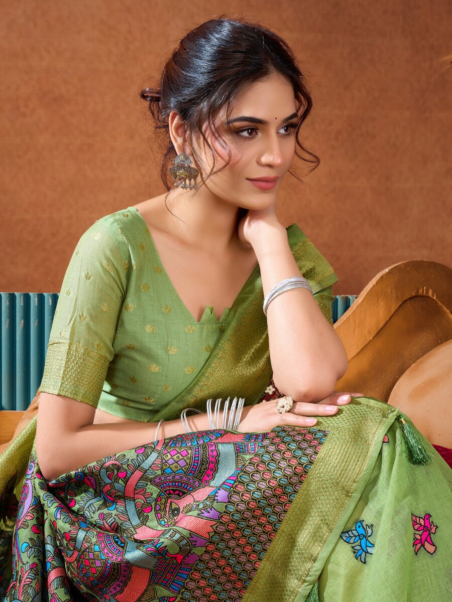 Pista green Khadi Cotton Katha Work Modal Wedding Reception Party Festival Casual Heavy Border Sarees