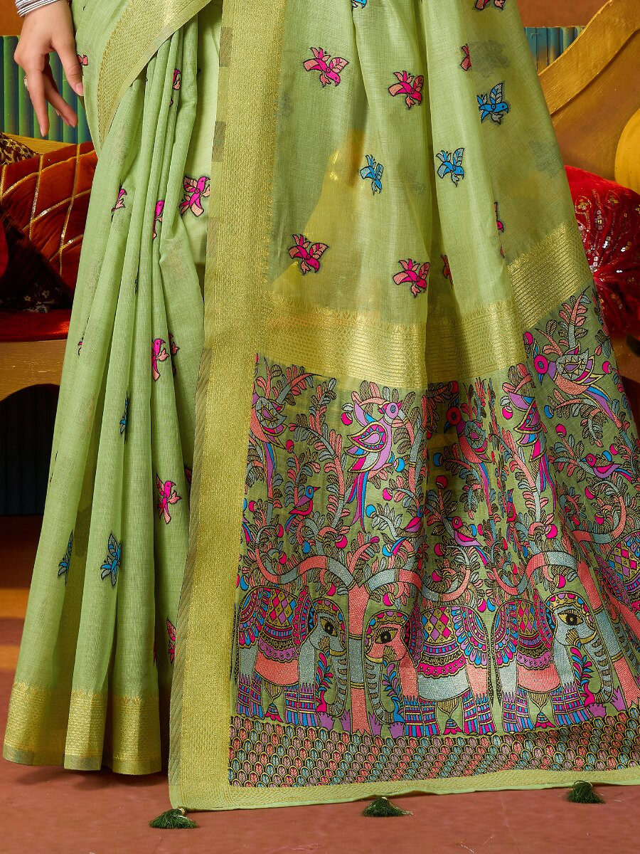 Pista green Khadi Cotton Katha Work Modal Wedding Reception Party Festival Casual Heavy Border Sarees