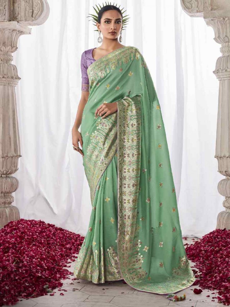 Pista Green Kora Silk Handwoven Wedding Festival Heavy Border Saree