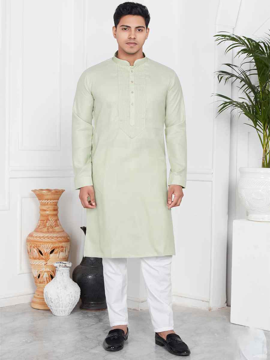 Pista Green Linen Cotton Printed Festival Casual Kurta
