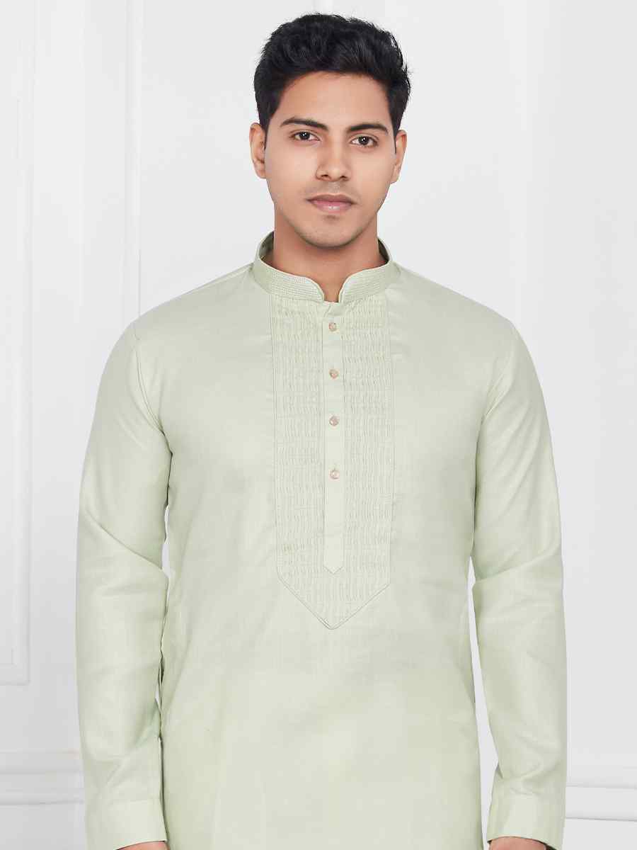 Pista Green Linen Cotton Printed Festival Casual Kurta