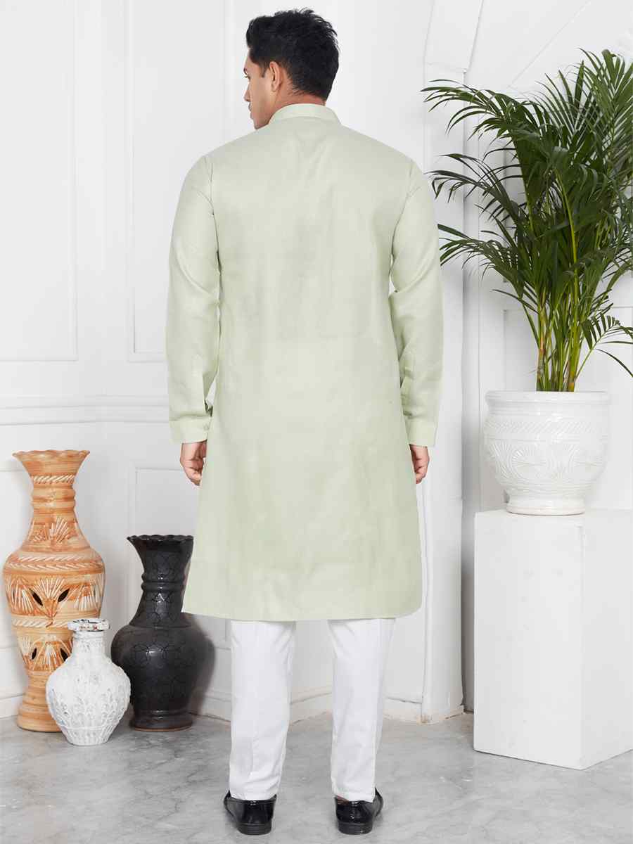 Pista Green Linen Cotton Printed Festival Casual Kurta