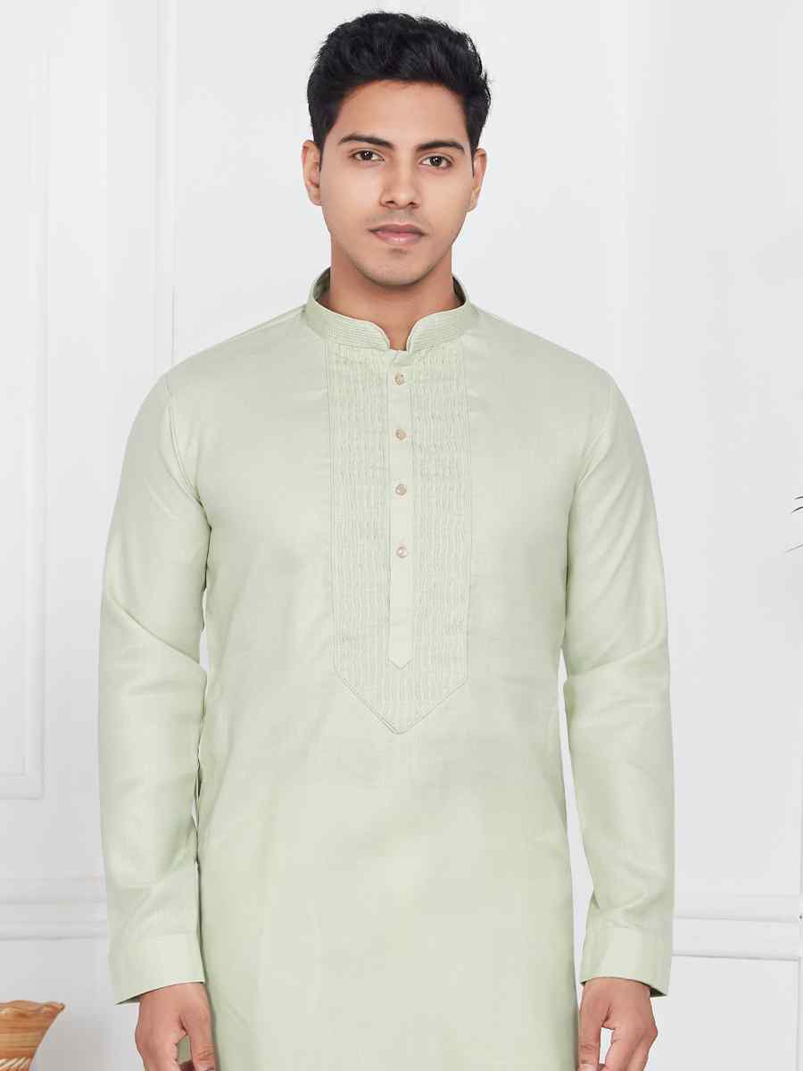 Pista Green Linen Cotton Printed Festival Casual Kurta