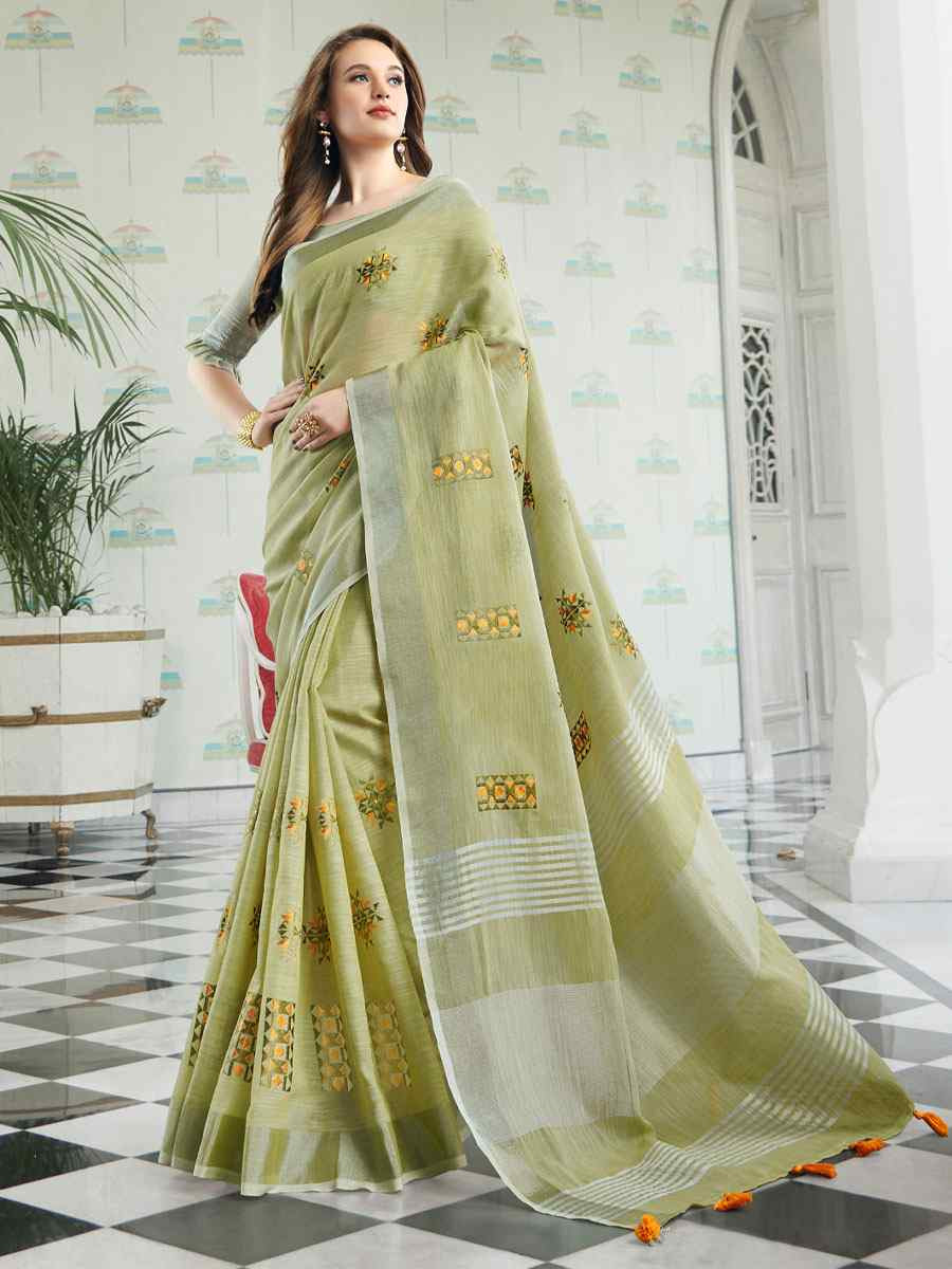 Pista Green Linen Embroidery Casual Traditional Reception Festival Fancy Classic Style Sarees