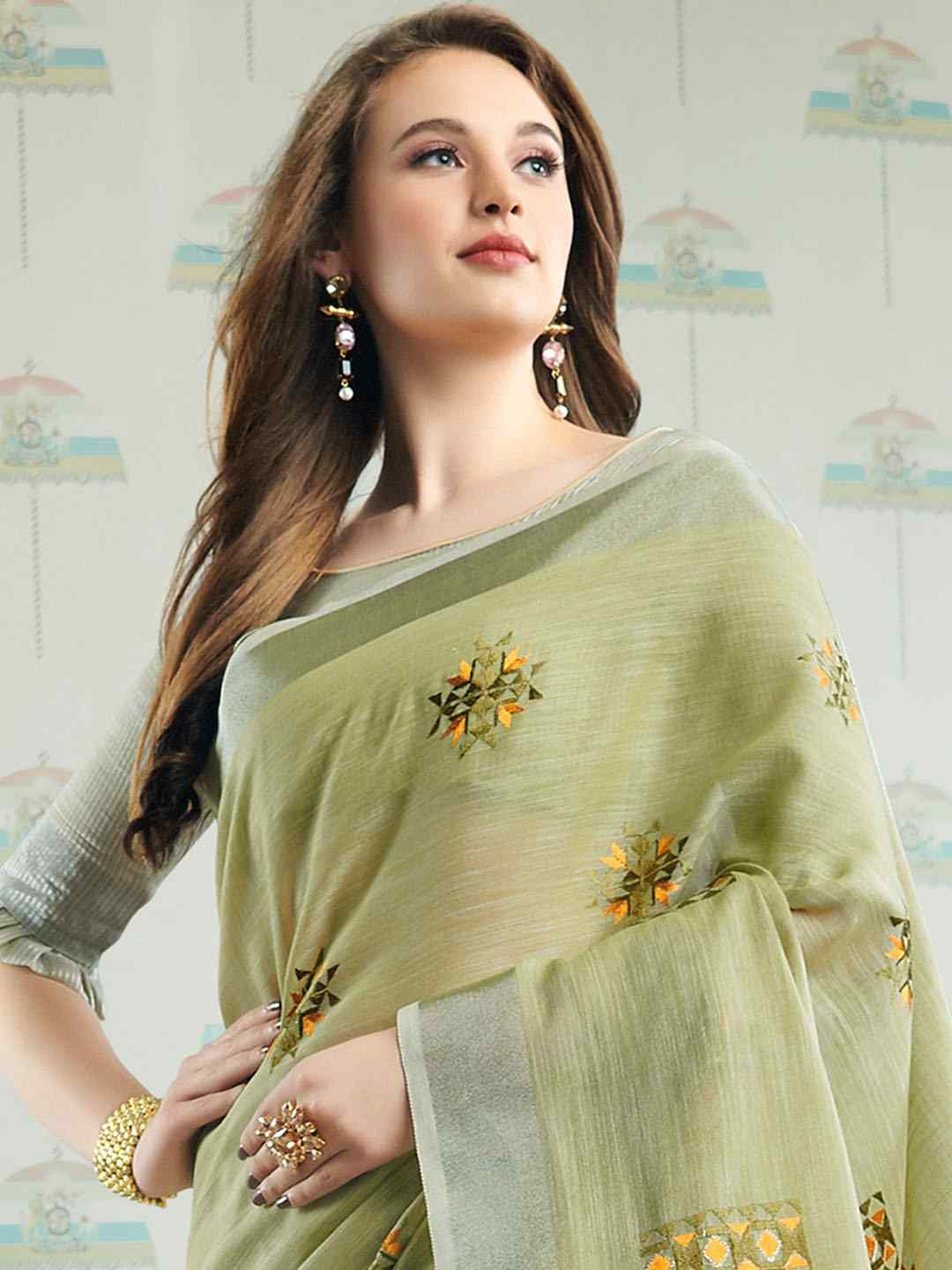 Pista Green Linen Embroidery Casual Traditional Reception Festival Fancy Classic Style Sarees