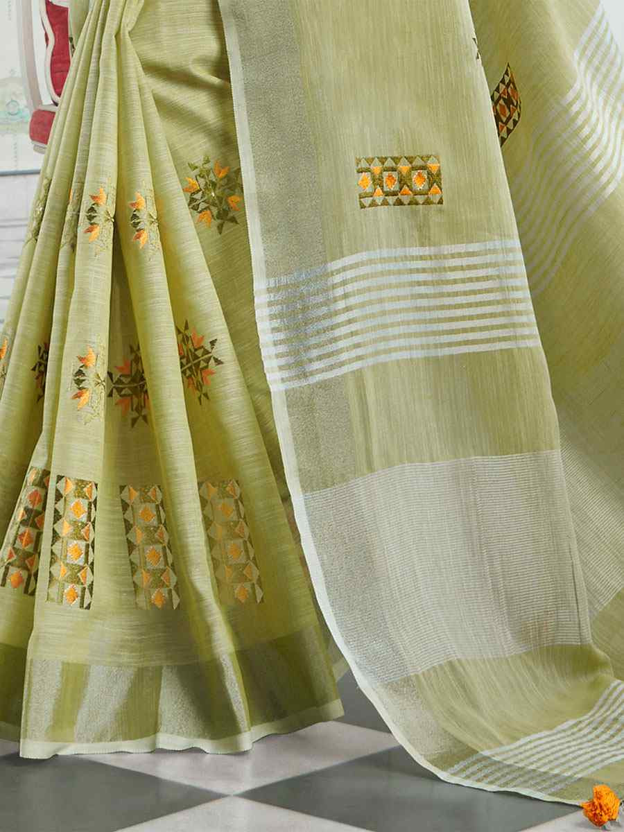 Pista Green Linen Embroidery Casual Traditional Reception Festival Fancy Classic Style Sarees