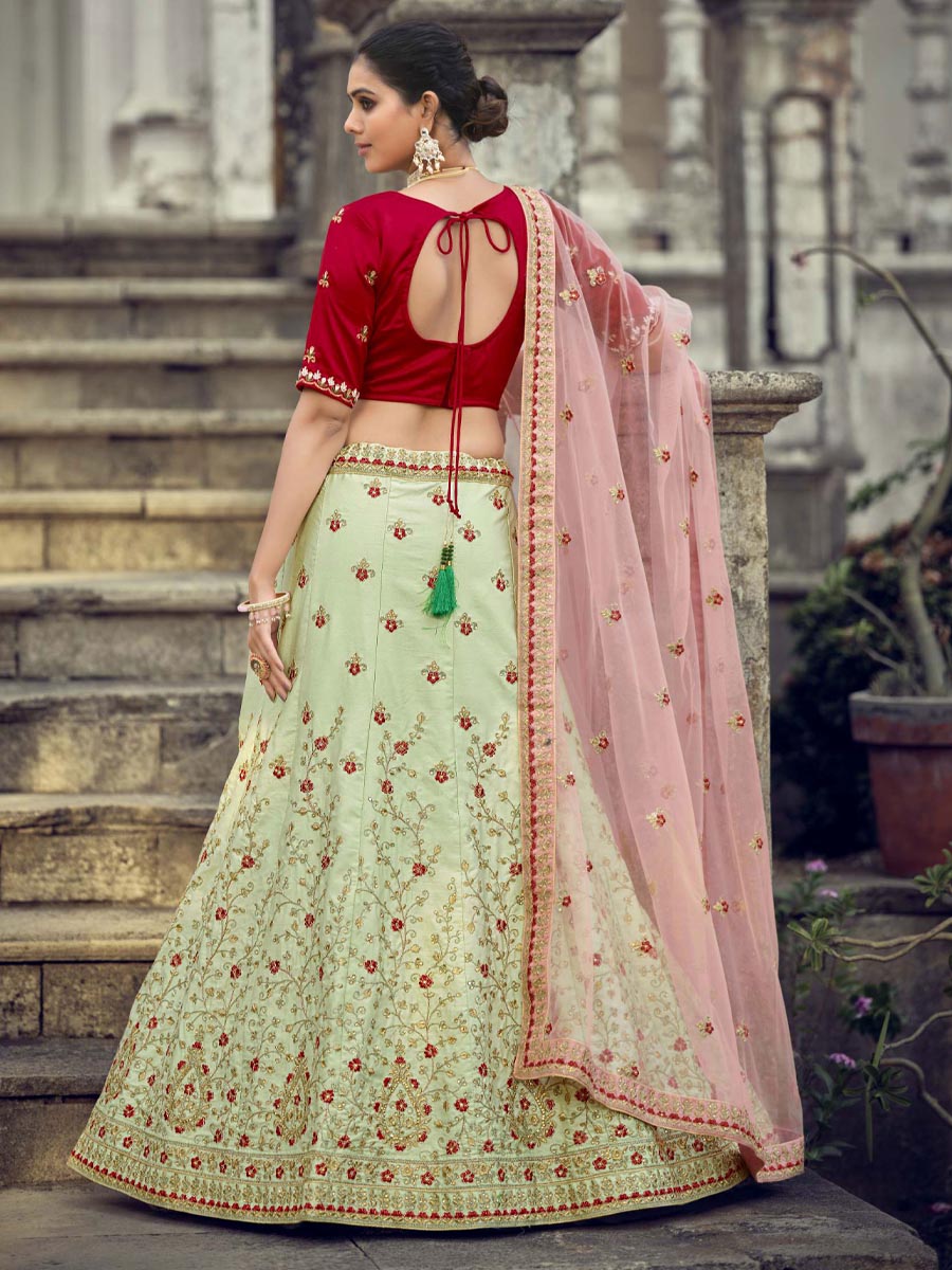 Pista Green Malai Satin Embroidered Bridesmaid Wedding Circular Lehenga Choli