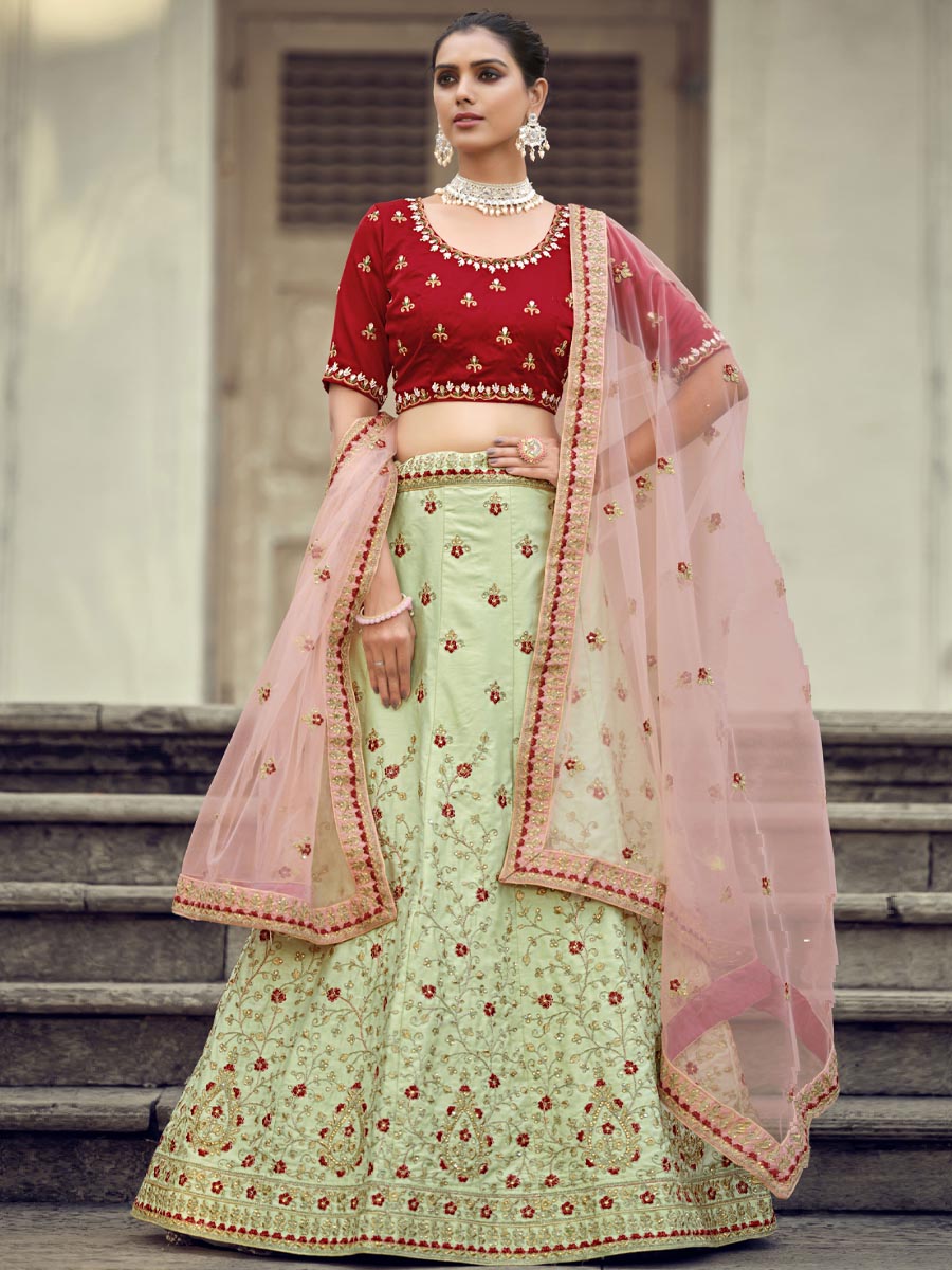 Pista Green Malai Satin Embroidered Bridesmaid Wedding Circular Lehenga Choli