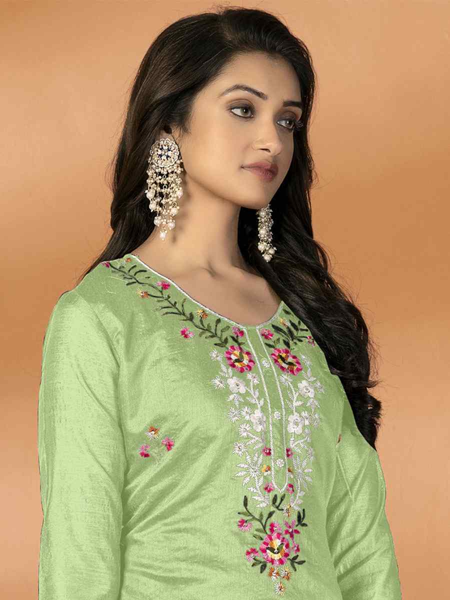 Pista Green Modal Chanderi Silk Embroidered Casual Festival Pant Salwar Kameez