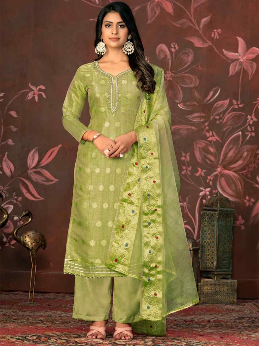 Pista Green Modal Cotton Jacquard Embroidered Casual Festival Pant Salwar Kameez