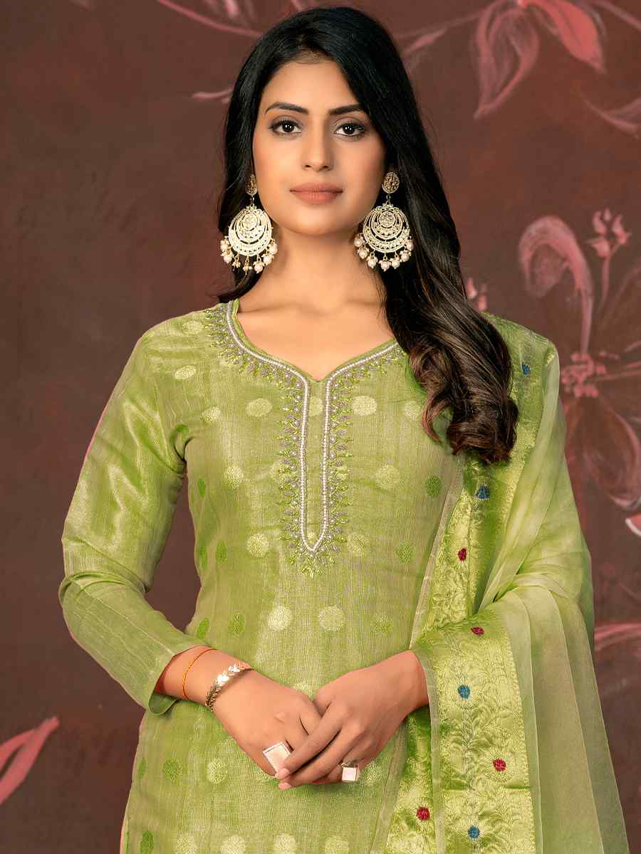 Pista Green Modal Cotton Jacquard Embroidered Casual Festival Pant Salwar Kameez