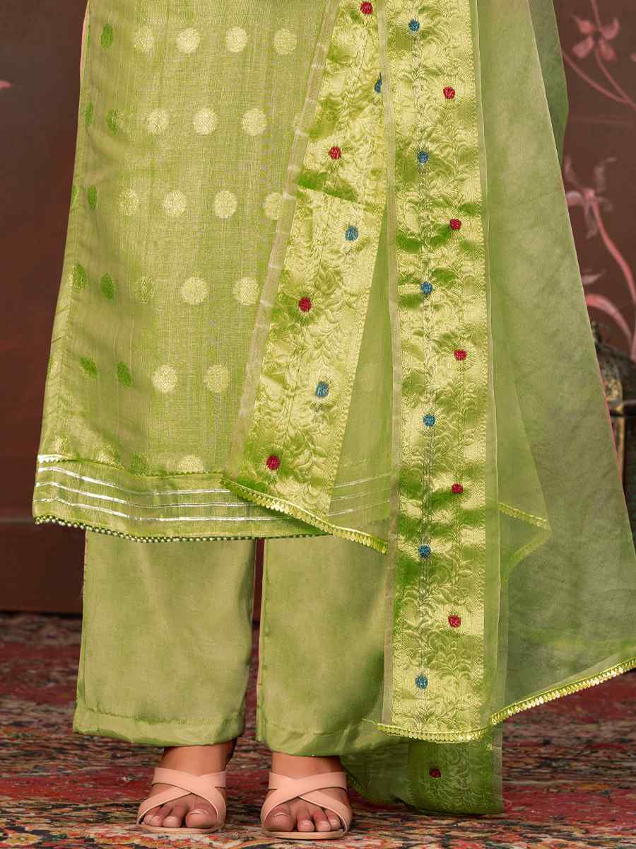 Pista Green Modal Cotton Jacquard Embroidered Casual Festival Pant Salwar Kameez