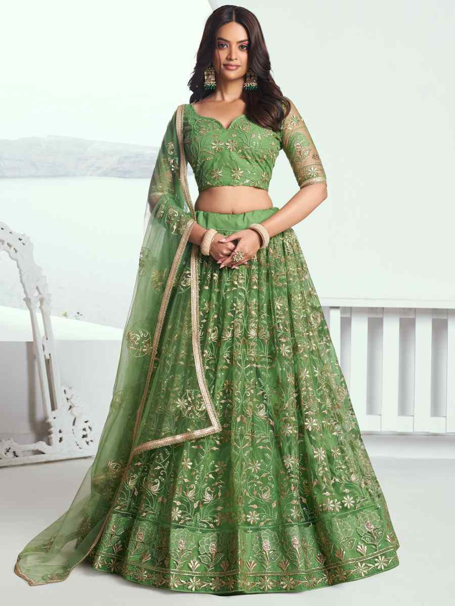 Pista Green Net Embroidered Wedding Reception Festival Heavy Border Lehenga Choli