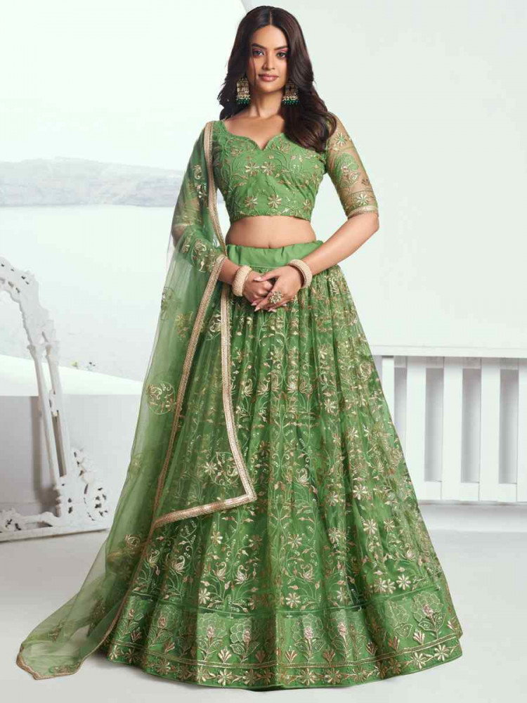 Image of Pista Green Net Embroidered Wedding Reception Festival Heavy Border Lehenga Choli