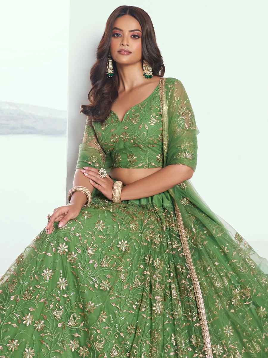 Pista Green Net Embroidered Wedding Reception Festival Heavy Border Lehenga Choli